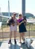 Julia with Cookie and Carol with Maddie & Thor, at the Millau Viaduct in France, on their journey from the UK to Barcelona and Málaga in Spain.